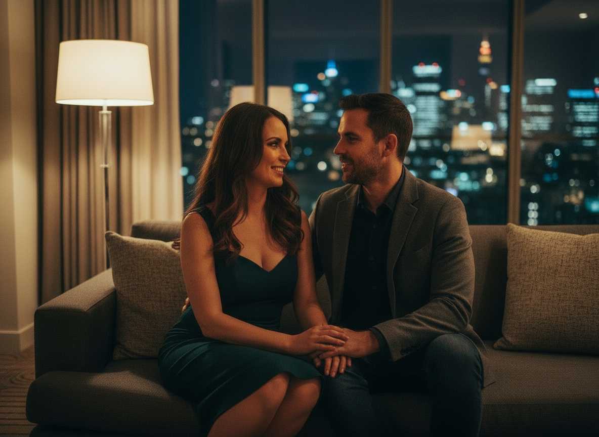 Couple talking on a couch in a hotel room